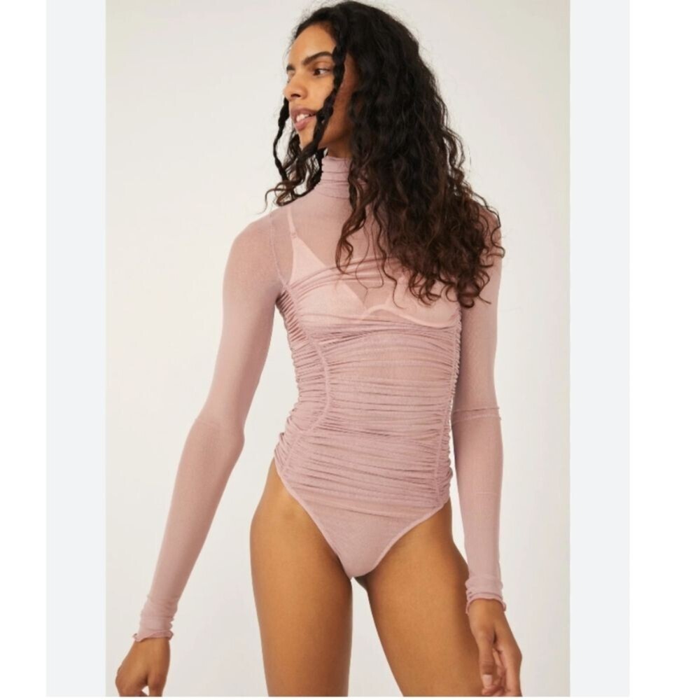 Free People Pink Sheer Long Sleeve Bodysuit